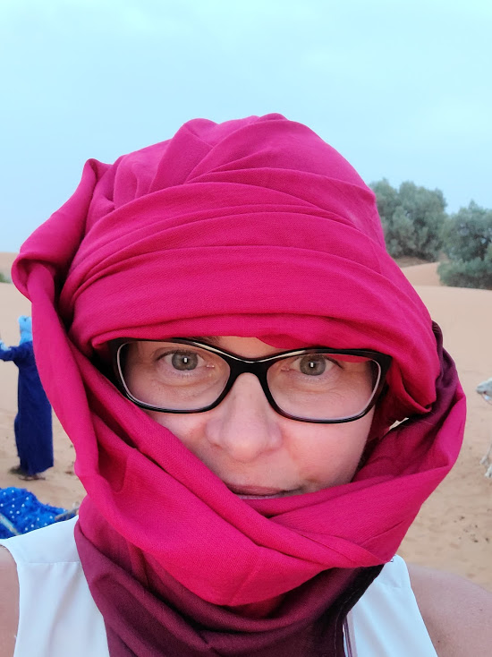 Cathy in a headscarf
