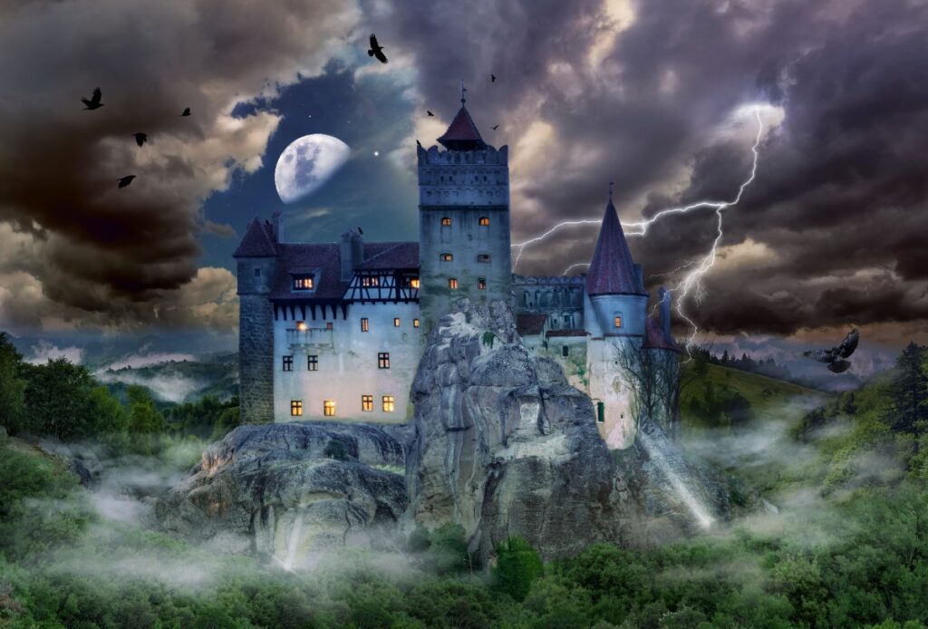Bran Castle glowing at night in Transylvania, iconic vampire-inspired landmark featured in luxury Halloween travel itineraries by Amore Travel Designs.
