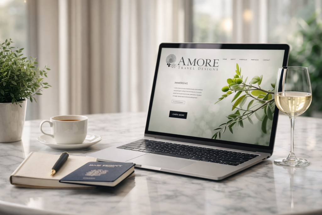 Luxury travel planning workspace featuring the Amore Travel Designs website on a laptop, with passport, notebook, coffee, and wine on a marble desk, representing intentional travel planning by a Fort Collins luxury travel advisor
