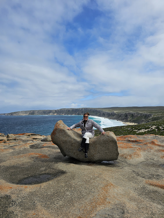 Cathy Rowland of Amore Travel Designs visiting the rugged coastline of Kangaroo Island, South Australia.