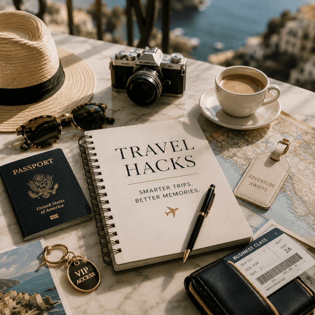 Luxury travel essentials including passport, business class boarding pass, and VIP access — expert trip planning by Fort Collins travel advisor Cathy at Amore Travel Designs