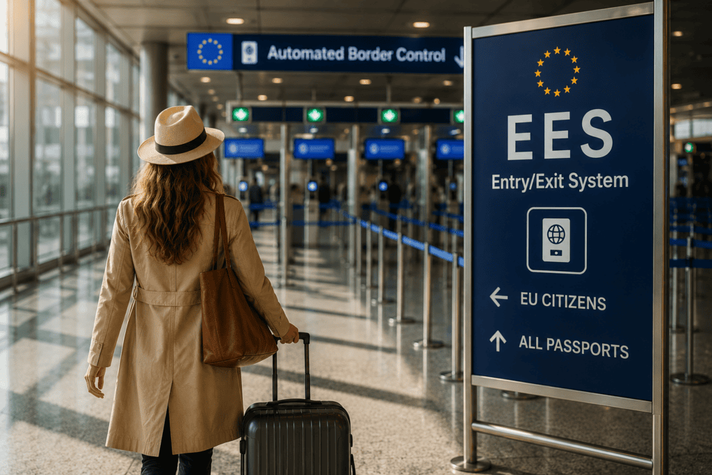 A traveler holds up her passport at the new EES checkpoint, biometric scanner glowing beside her, ready to step officially into the European Union.