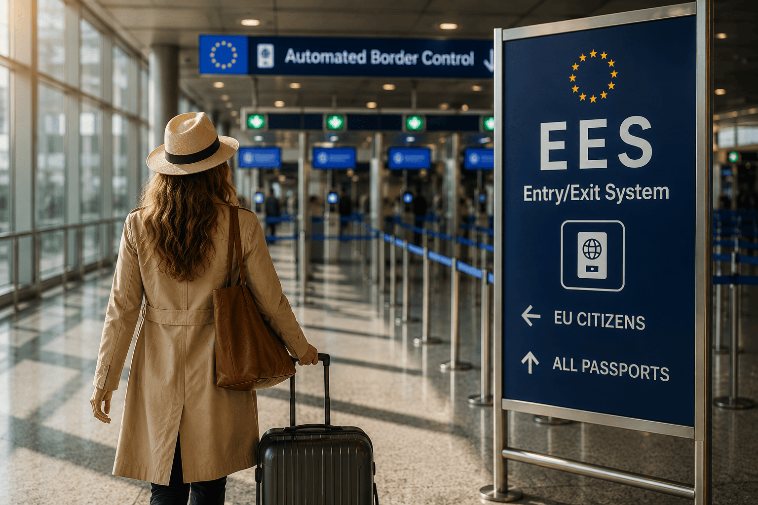A traveler holds up her passport at the new EES checkpoint, biometric scanner glowing beside her, ready to step officially into the European Union.
