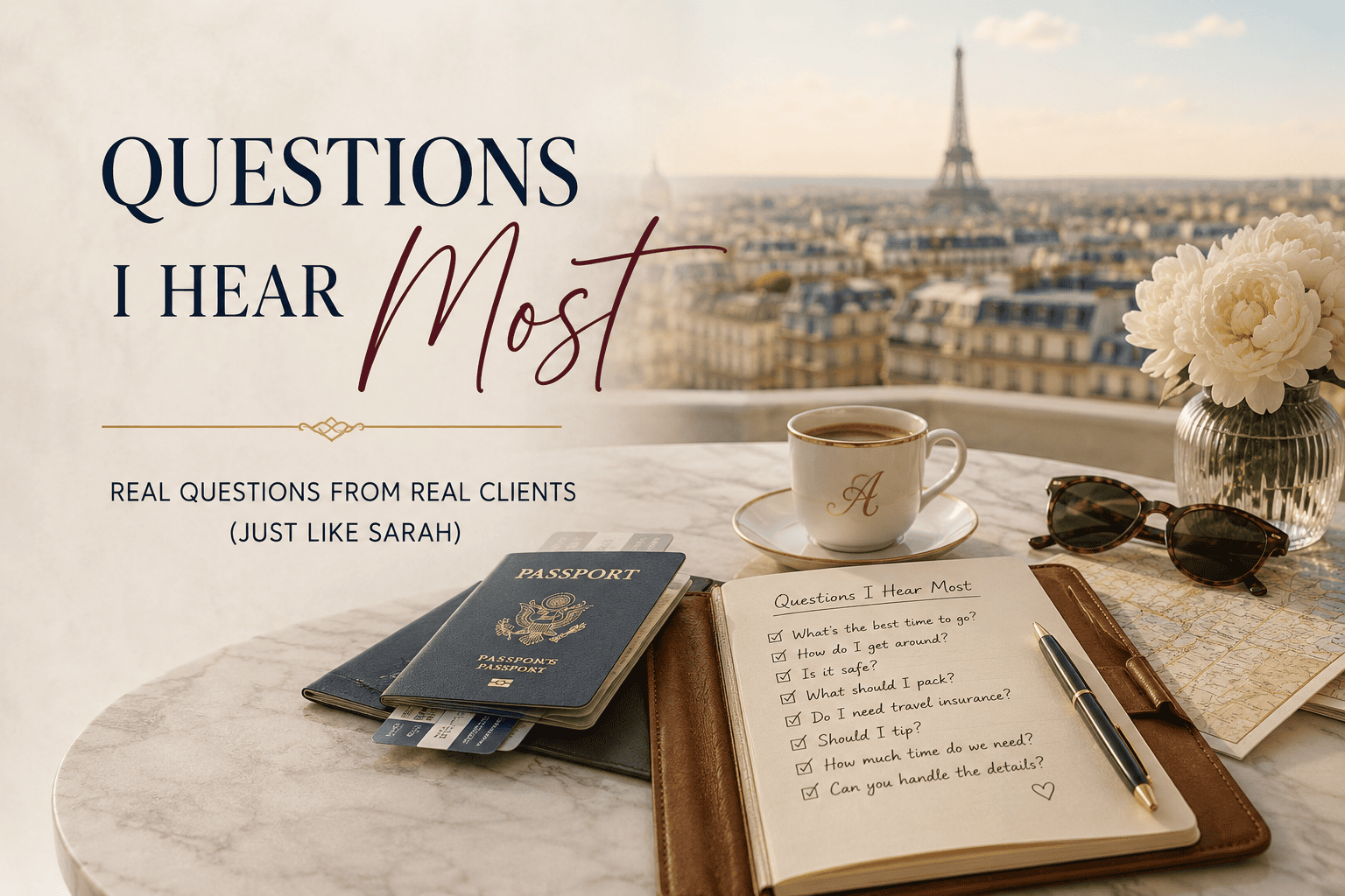 A travel planning notebook with a view of the Eiffel Tower — first-time Europe travel questions answered by Fort Collins travel advisor Cathy at Amore Travel Designs