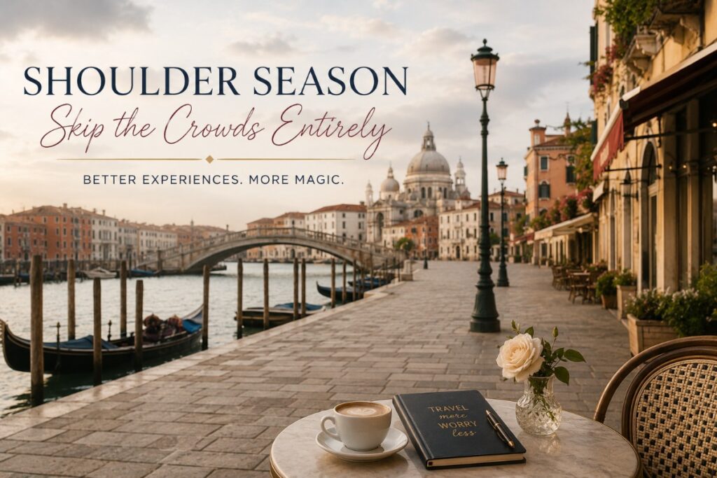 Skip the crowds entirely — a quiet Venice canal, a coffee, and a journal that says travel more, worry less, exactly what shoulder season makes possible