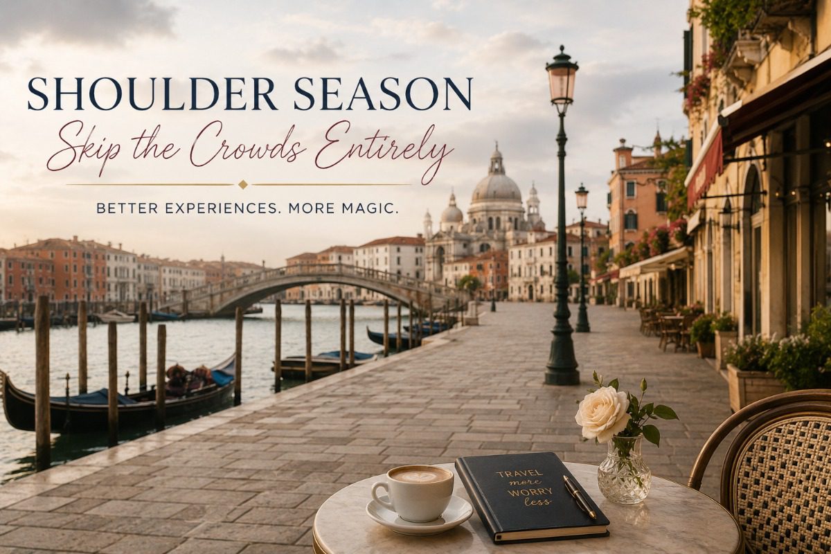 Skip the crowds entirely — a quiet Venice canal, a coffee, and a journal that says travel more, worry less, exactly what shoulder season makes possible