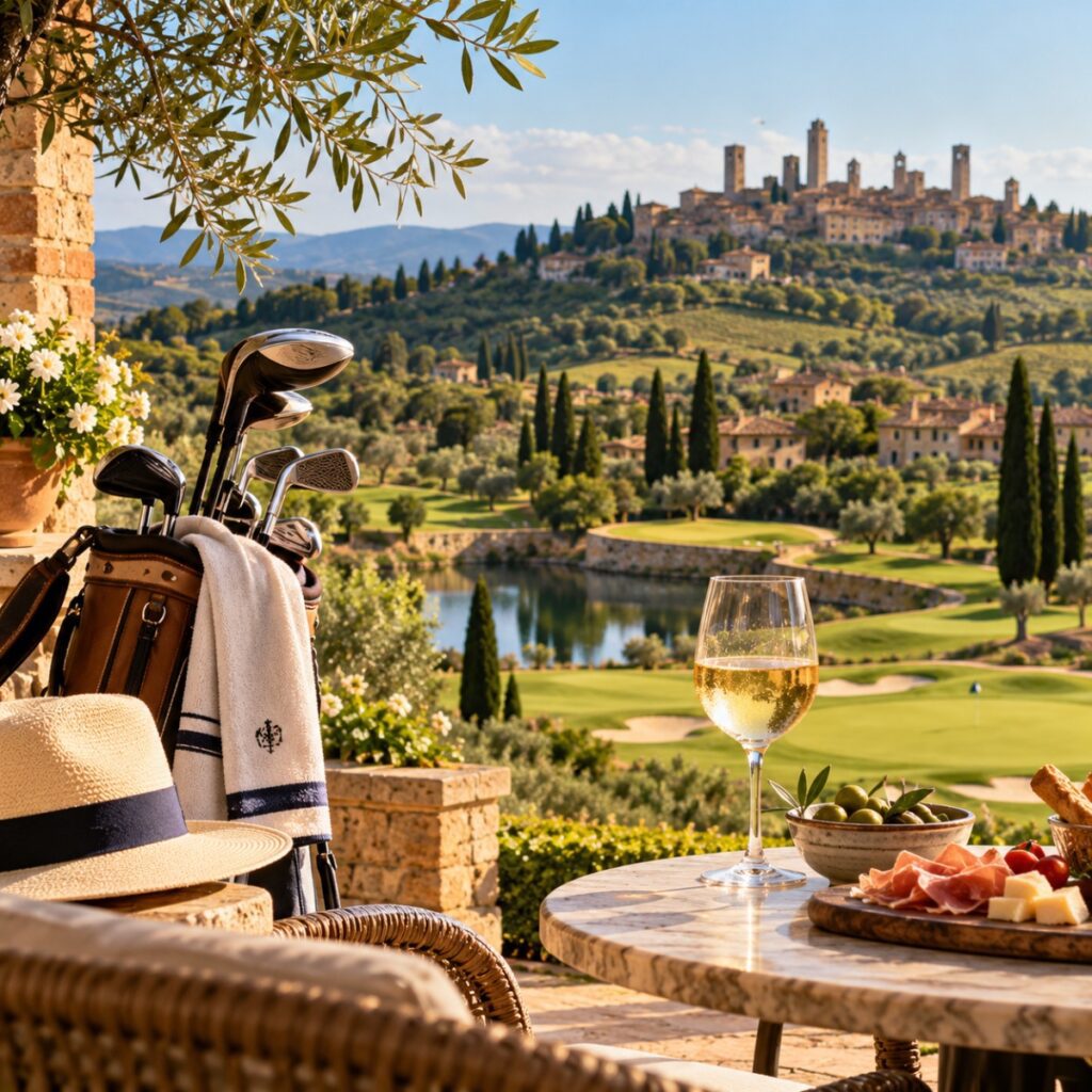 Tuscany golf course overlooking a medieval hilltop town, luxury golf and wine country travel planned by Fort Collins advisor Cathy at Amore Travel Designs