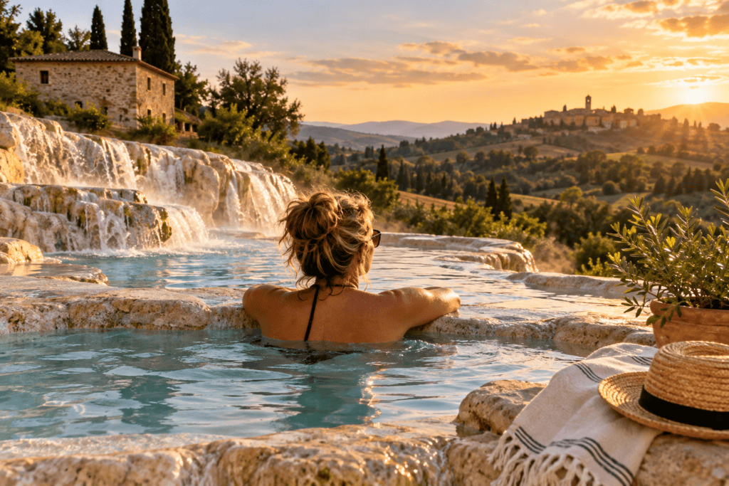 Woman relaxing in a warm thermal pool at sunset, with a stone cascade, Tuscan hills and a hilltop village behind her, a luxury Italy wellness escape planned by Amore Travel Designs