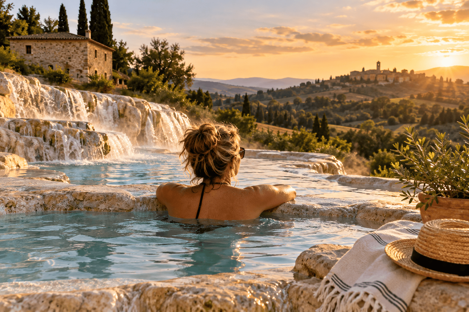 Woman relaxing in a warm thermal pool at sunset, with a stone cascade, Tuscan hills and a hilltop village behind her, a luxury Italy wellness escape planned by Amore Travel Designs